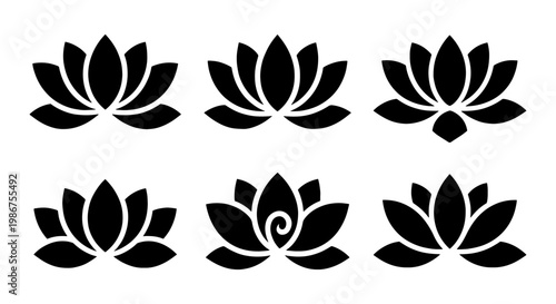 Minimalist lotus flower icons, set of 6 black floral silhouettes, zen lily blossom vector graphics for yoga and wellness branding