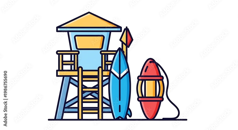 Fototapeta premium Lifeguard station surfboard and buoy illustration
