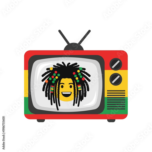 Retro TV Screen with Rasta Face Emoji and Dreadlocks, Jamaican Colors
