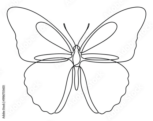 Elegant continuous line drawing of a majestic butterfly, perfect for minimalist graphic design projects, branding, print materials, or inspiring nature themed decor