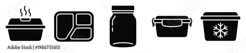 Collection of practical food storage container icons featuring options for hot meals, bento lunches, reusable jars, airtight preservation, and freezer storage, ideal for meal prep and
