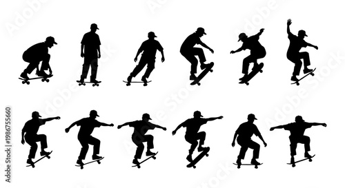 Skateboarder silhouettes set of 12 vector elements, active skaters performing tricks and jumps, black extreme sports figures on white background