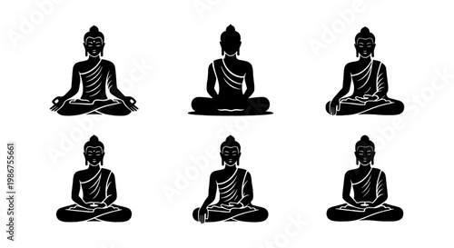 Buddha silhouette icon set, 6 black vector elements of meditating monks in lotus pose, spiritual zen yoga and mindfulness symbols for wellness design