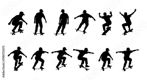 Skateboarder silhouette collection of 12 vector elements, active skateboarders performing tricks and jumps, black urban skater figures on white background