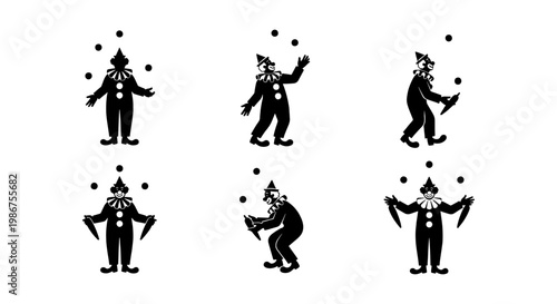 Vintage circus clown silhouettes set, 6 black juggling clown vector icons, retro carnival performer character collection for circus event branding