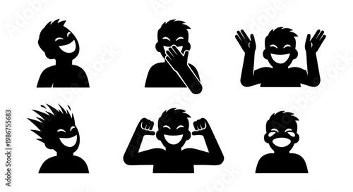 Laughing boy silhouette icons, set of 6 expressive male character avatars, joyful person laughing and giggling vector illustrations, happy facial expressions