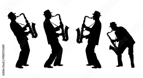 Jazz saxophone player silhouettes, set of four musician vector figures in hats, black male saxophonist performing in different poses on white background
