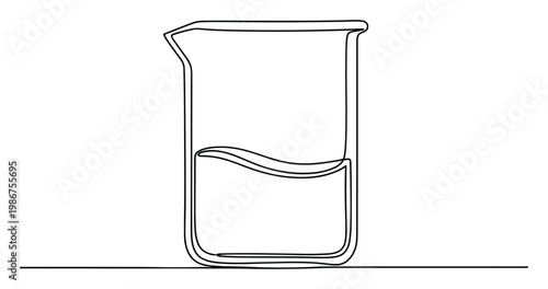 A simple continuous line drawing of a laboratory beaker containing liquid, perfect for scientific education materials, chemistryrelated projects, and minimalist design concepts.