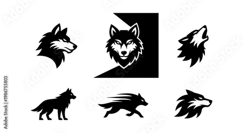Wolf head mascot logo set, 6 black and white canine vector icons, howling and running timber wolf silhouettes for sports branding and gaming