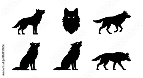 Black wolf silhouette set with 6 vector elements, howling wolf and predator head icons, wild animal silhouettes for nature and wildlife design