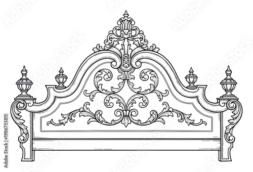 Luxurious ornate headboard line drawing perfect for elegant interior design projects and classic furniture catalogs seeking vintage baroque rococo style decoration