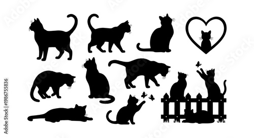 Black cat silhouettes collection, set of 12 feline vector elements in various poses, domestic cat icons with heart and fence details for pet design