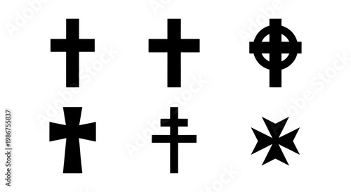 Religious Christian cross icons set, 6 black vector crucifix symbols, Celtic and Orthodox church cross silhouettes for spiritual design