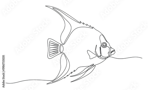 Single line drawing depicting an exotic angelfish with flowing fins, ideal for minimalist designs, oceanthemed projects, and aquatic animal graphics.