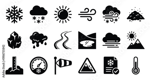 Comprehensive collection of winter weather icons illustrating snow, ice, sun, wind, and temperature for various forecasting, warning systems, or seasonal applications.