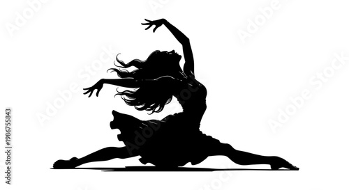 Graceful dancer silhouette in dynamic pose, expressive female ballerina vector illustration, elegant woman performing contemporary dance movement