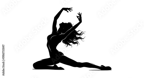 Graceful dancer silhouette vector, elegant woman performing contemporary dance pose, black female figure in artistic motion on white background