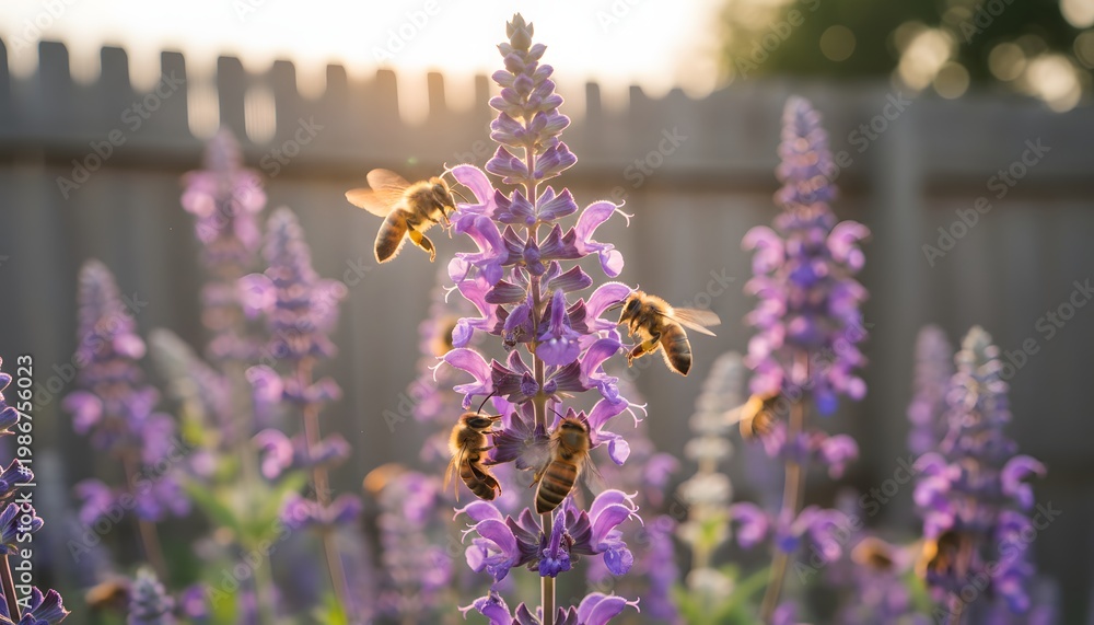 Obraz premium Honey bees at peak activity pollinating purple salvia flowers in a golden sunset garden, representing a bee-friendly plants concept for biodiversity and environmental health