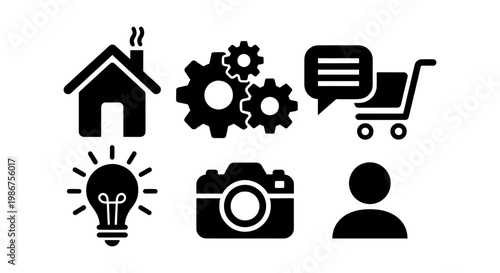 Minimalist black web icons set, collection of 6 flat vector symbols for interface design, house and gear and shopping cart and lightbulb and camera and user icons