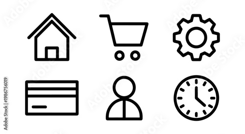 Minimalist black line icon set, 6 essential web and app interface symbols, modern outline vector collection for e-commerce and business navigation