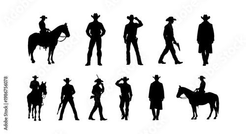 Wild West cowboy silhouettes set, 11 western gunfighter and horse rider vector elements, black outlaw and sheriff figures for ranch and frontier designs