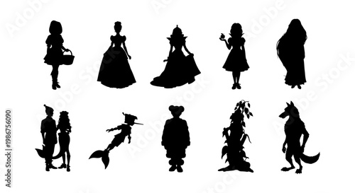 Fairy tale character silhouettes set, 10 princess and fantasy story icons, black vector shapes of mermaid, wolf, and magic figures for storytelling