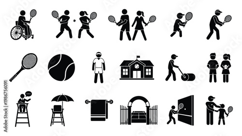 Collection of diverse tennis stick figures and sport equipment icons illustrating players, coaches, and game components ideal for educational sports graphics and athletic presentations.