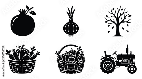 A valuable set of farming and harvest season icons including a pomegranate, an onion, a tree, two baskets filled with fresh produce, and a robust tractor, ideal for agricultural graphics