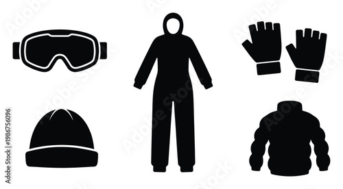 Collection of essential winter sports apparel and protective gear including goggles a full ski suit gloves a warm beanie and a puffer jacket for cold weather outdoor activities