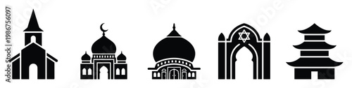 Collection of universal religious building icons including church, mosque, synagogue, and pagoda symbols for representing global faiths and spiritual diversity in educational resources.