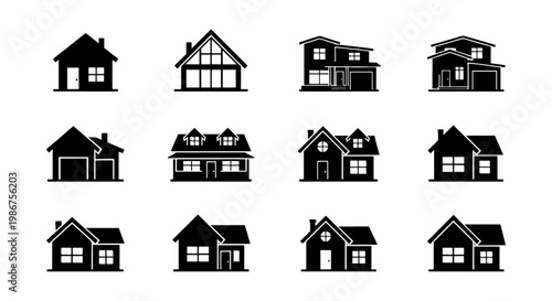 Minimalist house icons set, 12 black residential building silhouettes, modern suburban home vector illustrations for real estate and architecture