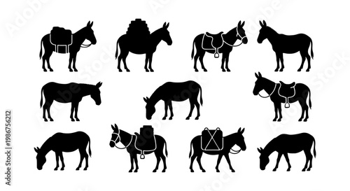 Donkey silhouette vector set, 11 pack animal icons with saddles and luggage, black mule and burro silhouettes for farm and travel design