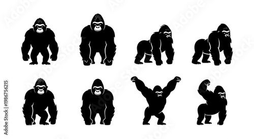 Gorilla silhouette vector set, black silverback ape icons in various poses, 8 primate mascot elements for sports logos and wildlife branding