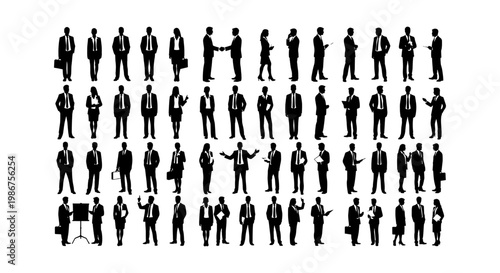 Business people silhouettes set, 60 professional office worker figures in black and white, corporate team and executive character vector collection