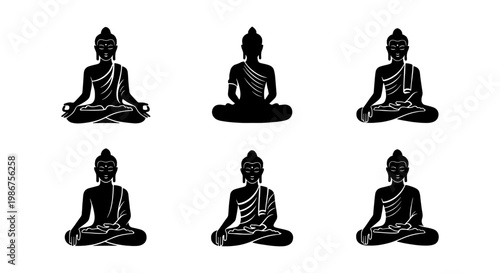 Buddha silhouette collection, 6 meditation icons in black vector format, zen yoga pose illustrations, spiritual enlightenment and mindfulness symbols