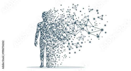 Digital Human Body Dissolving Into A Network Of Connected Dots Representing Data And Technology Concepts, Futuristic And Abstract Art