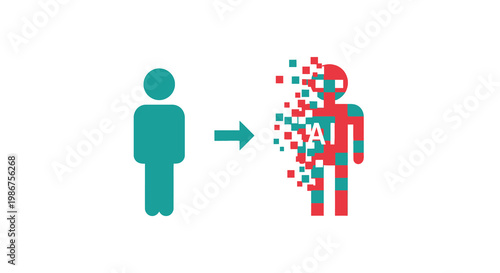 Transformation of human intelligence into artificial intelligence as a concept of artificial intelligence with AI initialism on a digital fragmented person