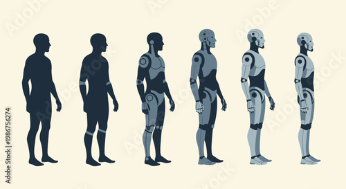 The Evolutionary Journey of Robotics From Humanoid Silhouettes to Advanced Androids, Illustrating Technological Progress and Future AI