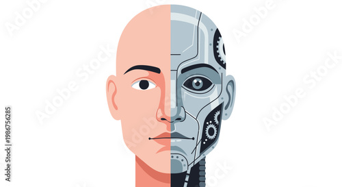 Exploring the fascinating duality between human consciousness and advanced artificial intelligence, symbolizing the future of technology and synthetic evolution