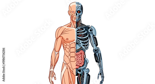 Conceptual graphic illustrating human anatomy merging with robotic technology, symbolizing artificial intelligence, cybernetics, and future human-machine integration