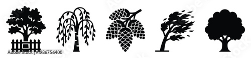 Collection of stylized black tree silhouettes including weeping willow, hops, and windblown trees perfect for nature themed logos, park signage, or environmental conservation graphics