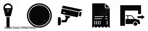 Comprehensive set of black glyph icons representing urban parking, traffic signs, surveillance, payment, and vehicle exit systems for various digital and print applications.