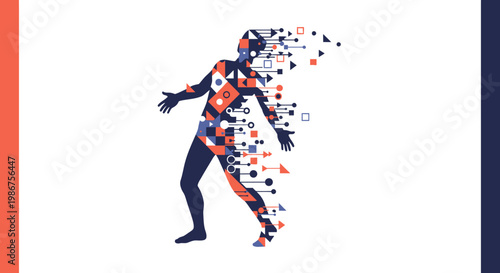 Abstract digital human identity concept illustrating data fragmentation, technological transformation, and the evolving nature of self in a complex, interconnected world