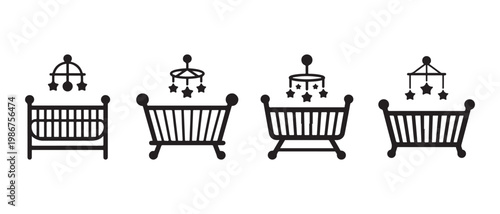 Collection of Baby Crib and Cot Icons with Mobiles, Featuring Minimalist Black Outline Design for Childcare.