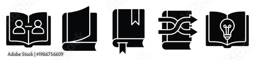 Collection of knowledge and learning related book icons symbolizing education wisdom communication and information transfer for digital platforms and print media