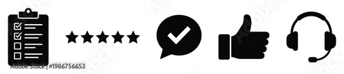 Comprehensive collection of user feedback rating approval and customer support icons perfect for illustrating quality assurance and service excellence for business applications