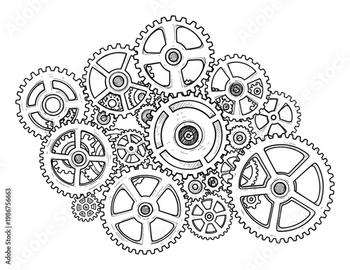 Detailed line drawing of interacting gear mechanisms representing precision, progress, and interconnectedness suitable for business graphics and educational materials.