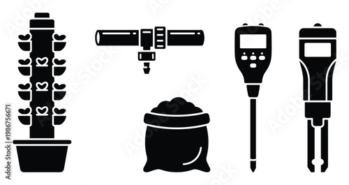 Vertical garden tower with hydroponic plants, drip irrigation system components, soil tester, and water quality meter for modern urban farming and indoor plant cultivation equipment.