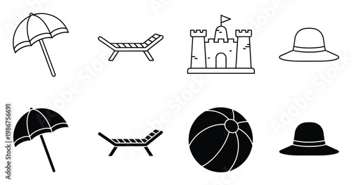 Summer beach vacation icons featuring umbrellas, lounge chairs, sandcastles, hats, and beach balls in outline and solid fill styles for holiday and travel themed graphics.
