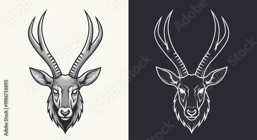 Detailed stylized illustration of an antelope head with large horns, presented in two contrasting color schemes, one dark on light and one light on dark.
